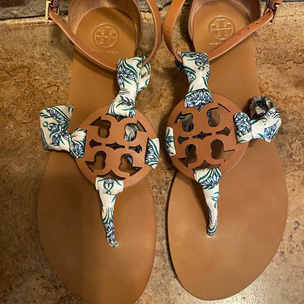 Tory burch leather logo blue Meridian floral fabric miller scarf ankle sandals - Picture 5 of 11